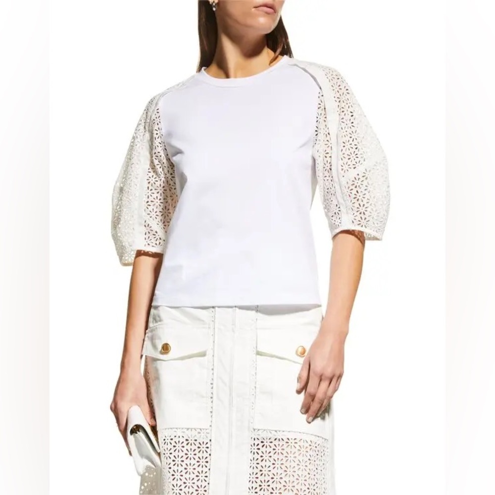 3.1 Phillip Lim White Broderie Anglaise Cotton Puff Sleeve Top Crewneck Xsmall